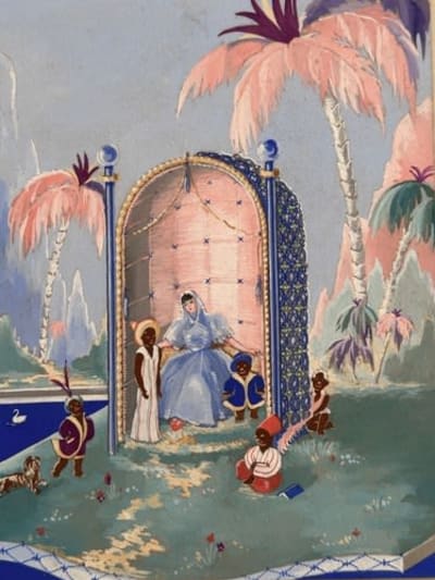 Ancien dessin portrait Temple oriental Page art déco René Paulz suiv. Erté