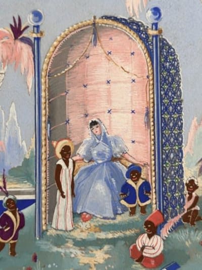 Ancien dessin portrait Temple oriental Page art déco René Paulz suiv. Erté