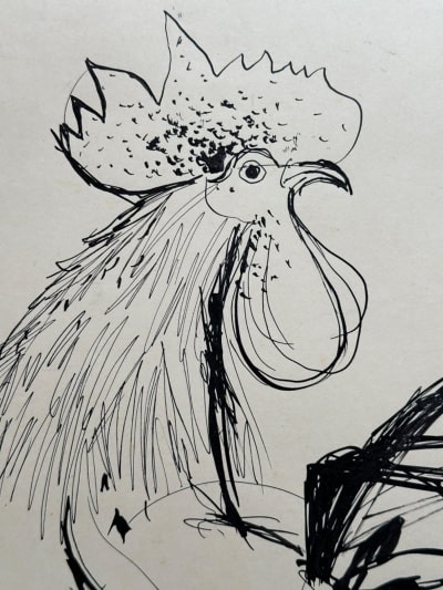 Ancien dessin animalier encre grand coq 1950 signé Daniel Du Janerand