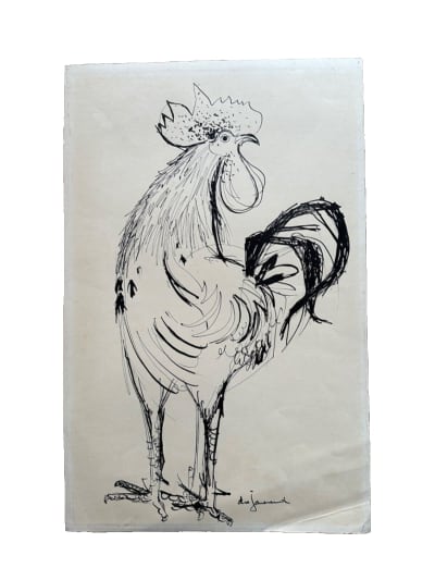 Ancien dessin animalier encre grand coq 1950 signé Daniel Du Janerand