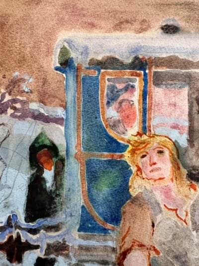 Ancien dessin femme et enfant train bleu illustration Jean Terles Art déco