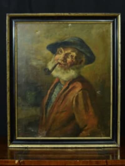 Tableau ancien portait homme à la pipe bistrot fumeur tabacologie Lambert HST 19