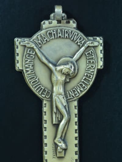 Superb modernist religious bronze silver plated pectoral cross crucifix signed