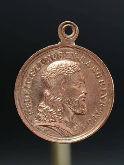 Religious copper medal pendant signed Speranza 19THc Christ and Virgin
