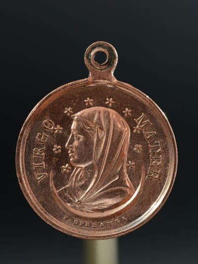 Religious copper medal pendant signed Speranza 19THc Christ and Virgin