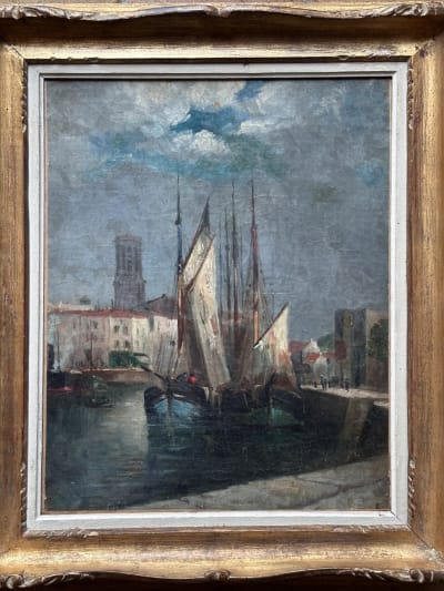 Tableau ancien le port de La Rochelle marine animé bateau Furcy de Lavault XIXe