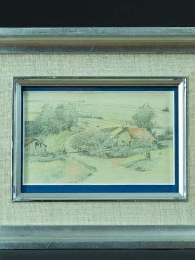 Ancien dessin Gabriel Guerin Bourbonne-les-Bains vue de ferme paysage 1900