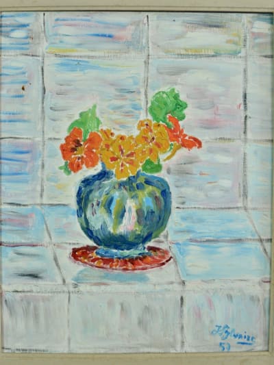 Ancien tableau nature morte aux capucines fleurs poète Jean Sylvaire Dordogne