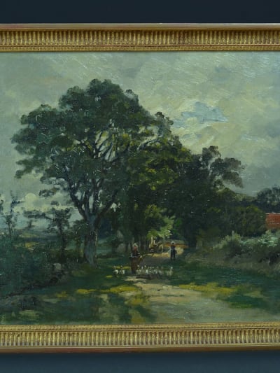Tableau ancien Bretagne impressionniste la gardienne d'oies Henri Saintin XIXe