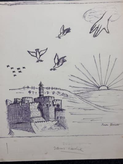 Ancien dessin crayon Maxa Nordeau Israel colombe paix Jerusalem ec. de Paris