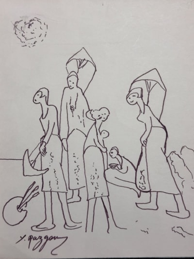 Ancien dessin / feutre sur canson Yvon Razgour croquis femmes peintre à la plage