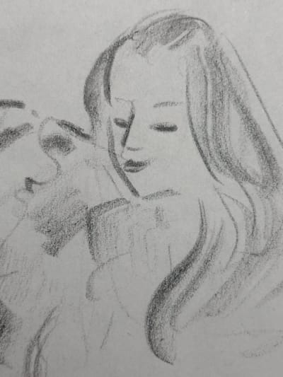 Ancien dessin, crayon signé Edgar Stoebel jeune fille au cheval école de Paris