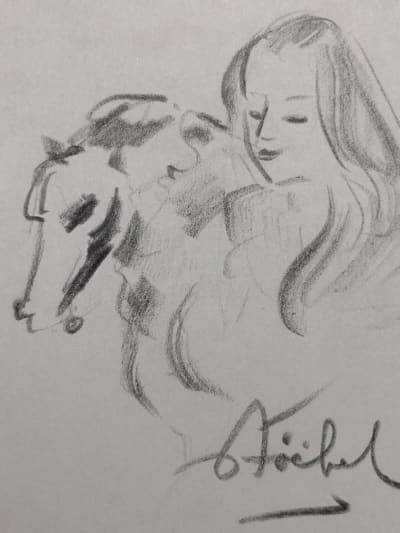 Ancien dessin, crayon signé Edgar Stoebel jeune fille au cheval école de Paris