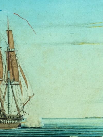 Grande aquarelle-gouache de marine frégate française atelier des Roux Marseille