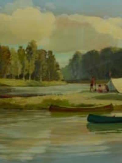 Beau tableau paysage bord de rivière bicouac camp de scout vacance signé Robert