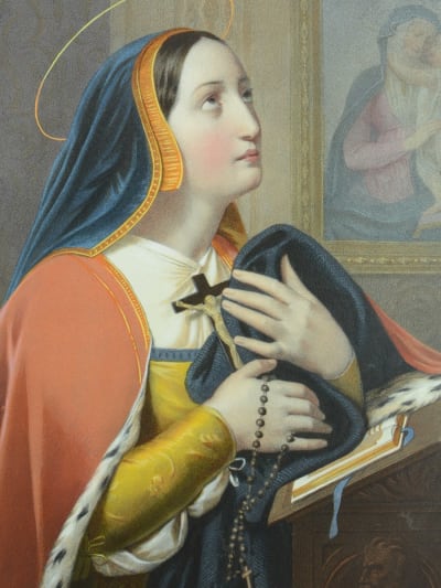 Grande litho gravure religieuse ancienne en couleurs Sainte Jeanne Jacot 70x55