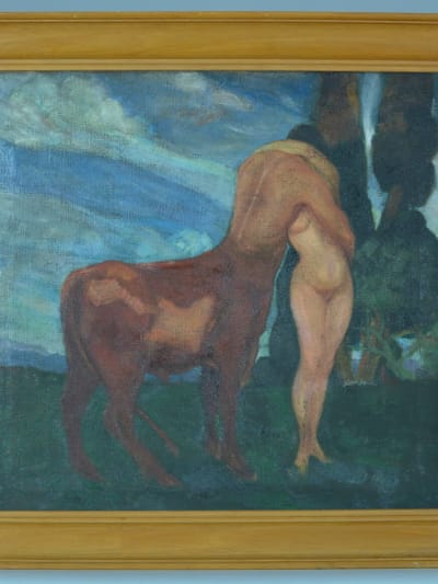 Tableau ancien symboliste centaure nymphe nue paysage Umberto Brunelleschi