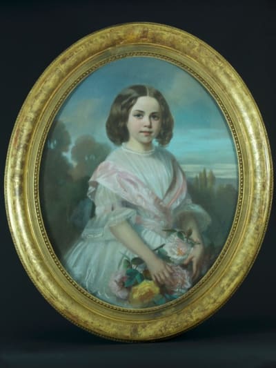 Tableau ancien portrait de petite fille bouquet de fleurs ovale paysage Durand