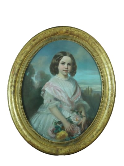 Tableau ancien portrait de petite fille bouquet de fleurs ovale paysage Durand