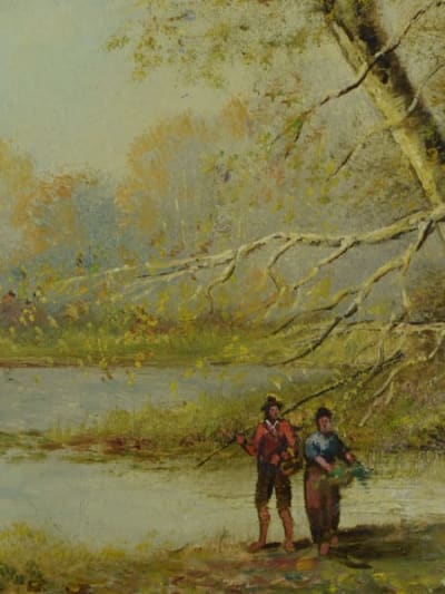 Beau tableau ancien couple au bord d'un lac Barbizon forêt Jules Pascal XIXe