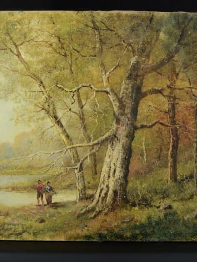 Beau tableau ancien couple au bord d'un lac Barbizon forêt Jules Pascal XIXe