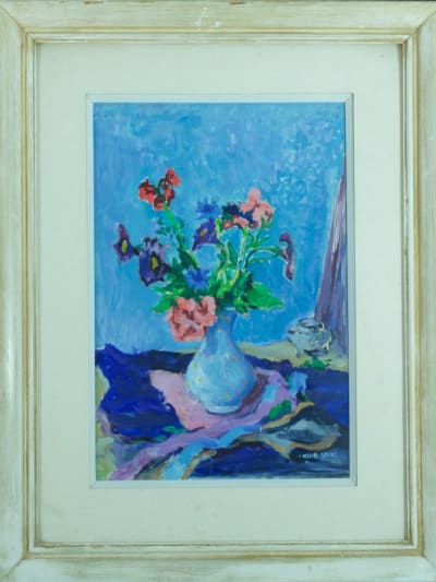 Tableau ancien bouquet de fleurs dans un vase bleu Henri Gourc Albi 1950 cadre