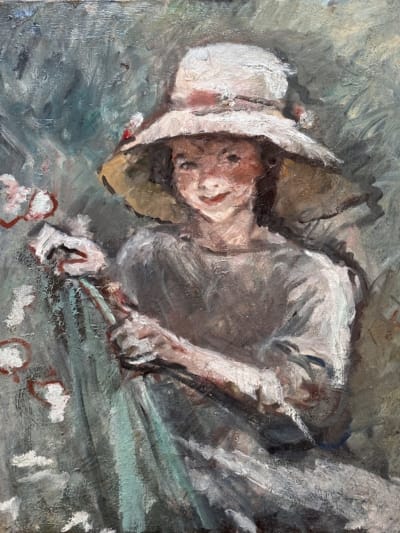 Tableau ancien portrait jeune fille assise chapeau chaise jardin impressionniste