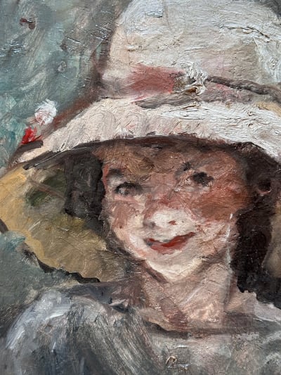 Tableau ancien portrait jeune fille assise chapeau chaise jardin impressionniste