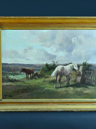 Ancien tableau portrait chevaux paysage ciel Barbizon Barrière Quinton 19ème HST