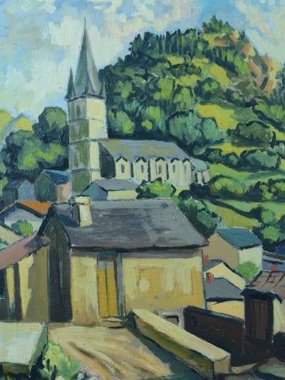 Beau tableau ancien Pierre Baudou Sète paysage vue de village 1938