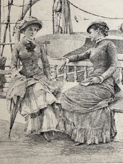 Ancienne lithographie Gunnar Berndtson 1881 pont bateau portrait Finlande