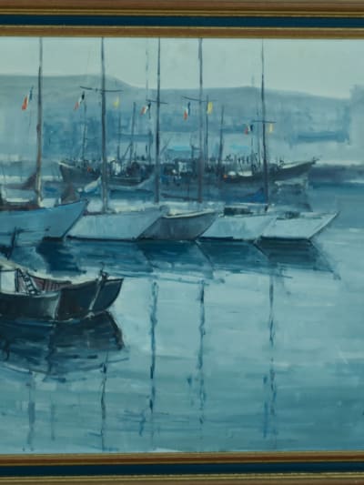 Tableau moderne grande marine bateaux au port drapeau mouillage Océan Dubois