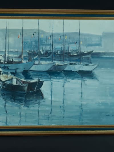 Tableau moderne grande marine bateaux au port drapeau mouillage Océan Dubois