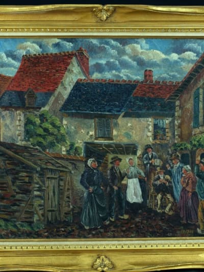 Tableau ancien danse musique bal Auvergne cabrette accordéon village R. Besse