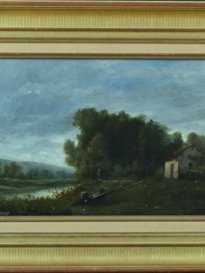 Beau tableau ancien promeneur au bord d'une rivière signé Trouillebert sv Corot