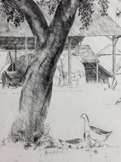 Ancienne gravure signée Eugène Corneau "Dans la ferme" Berry Canard