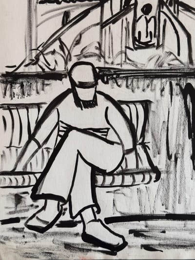 Beau dessin signé expressionniste homme assis banc Paris Notre-Dame A. Besser