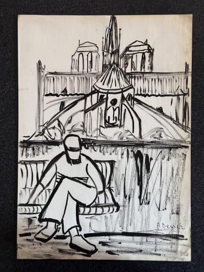Beau dessin signé expressionniste homme assis banc Paris Notre-Dame A. Besser
