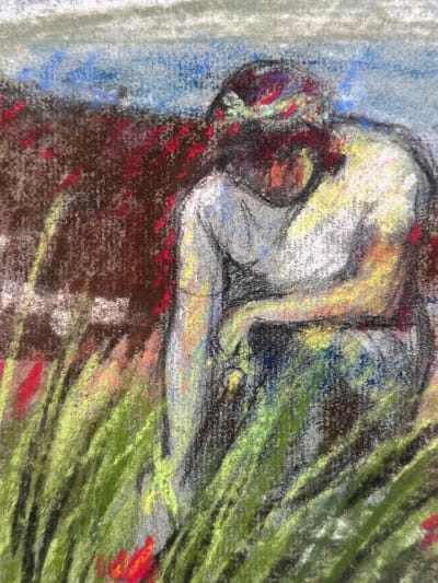 Dessin Jean Terles portrait de femme travaux des champs moisson pastel 1930