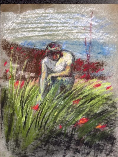 Dessin Jean Terles portrait de femme travaux des champs moisson pastel 1930