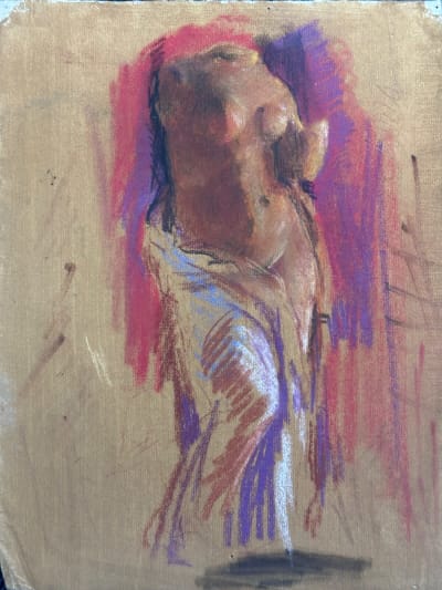 Dessin Jean Terles femme portrait de statue antique nue au drapé pastel 1930
