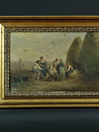 Beau tableau ancien campagne Normandie repas travaux des champs meules Saurfelt