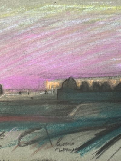 Dessin Jean Terles vue de l'institut Paris Seine paysage pastel 1930
