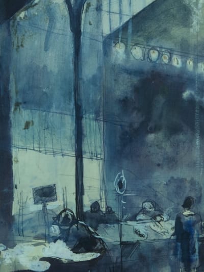 Ancien dessin scène de marché sous la halle à Paris Jean Terles Art Deco 1930