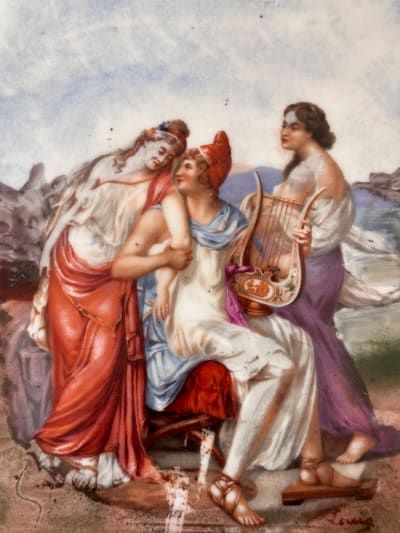 Grand plat porcelaine Limoges scène galante antique muse musique lyre J.F