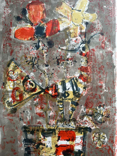 Ancienne lithographie Aizpiri bouquet coquelicot nature morte jardinière oiseau