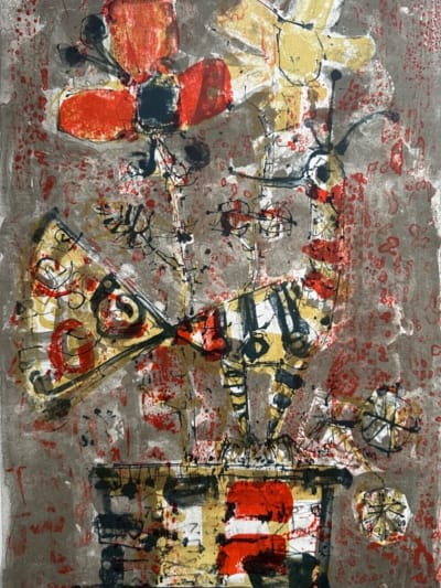 Ancienne lithographie Aizpiri bouquet coquelicot nature morte jardinière oiseau