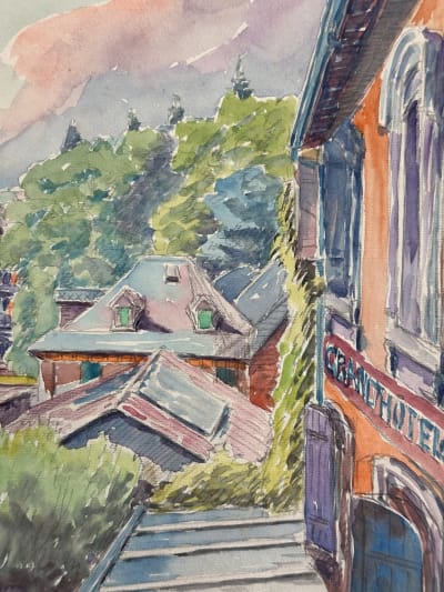 Ancienne aquarelle école pyrénéenne Ariège Capvern l'hôtel de Paris 1920 therme