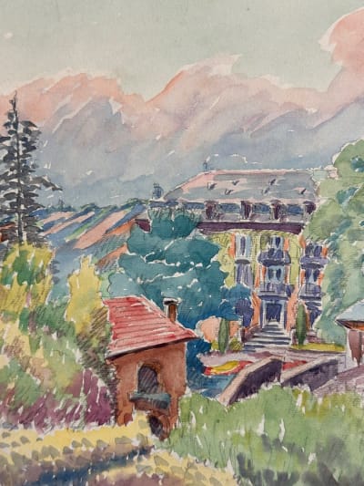 Ancienne aquarelle école pyrénéenne Ariège Capvern l'hôtel de Paris 1920 therme