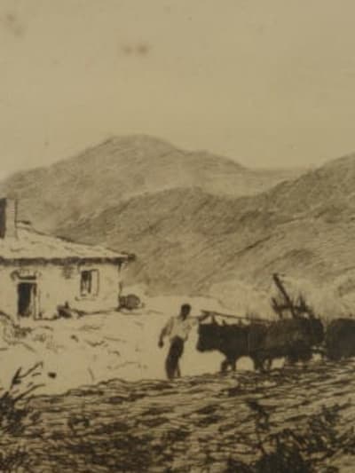 Belle gravure Pays Basque Raoul Serres paysan attelage bœufs Arrue Floutier